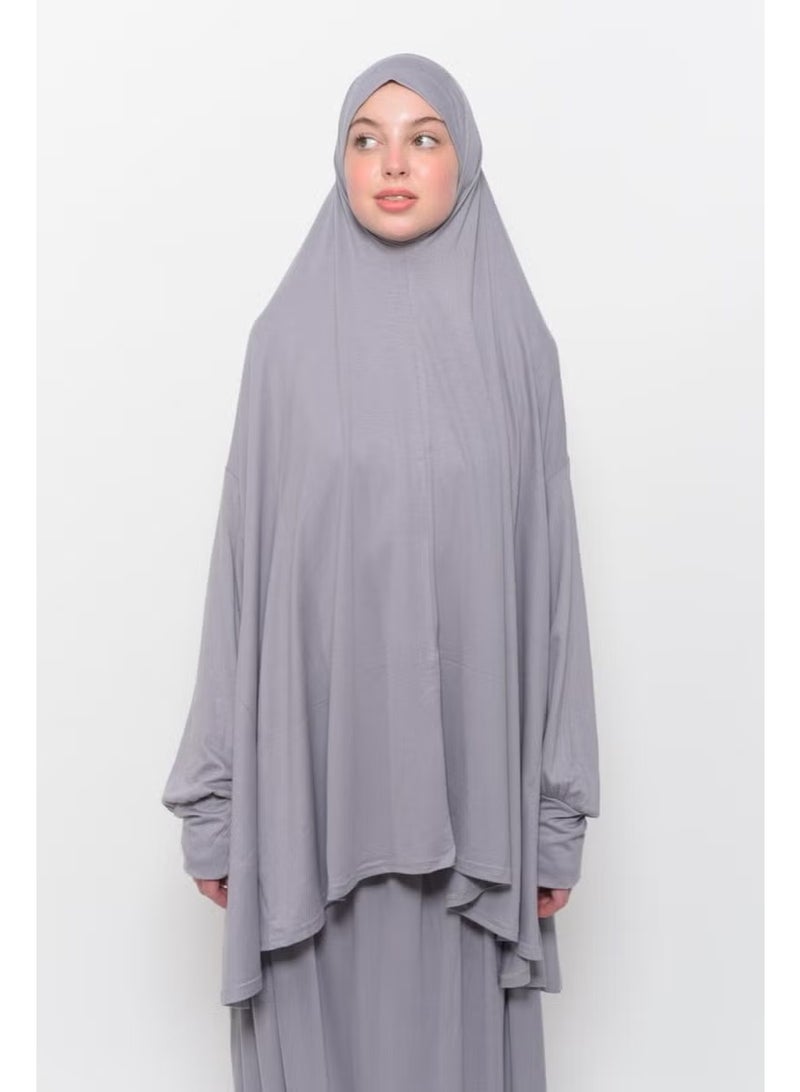 Altobeh Practical Two Piece Cotton Bat Sleeve Organic Hijab Prayer Dress with Headscarf - Gray - Image 2